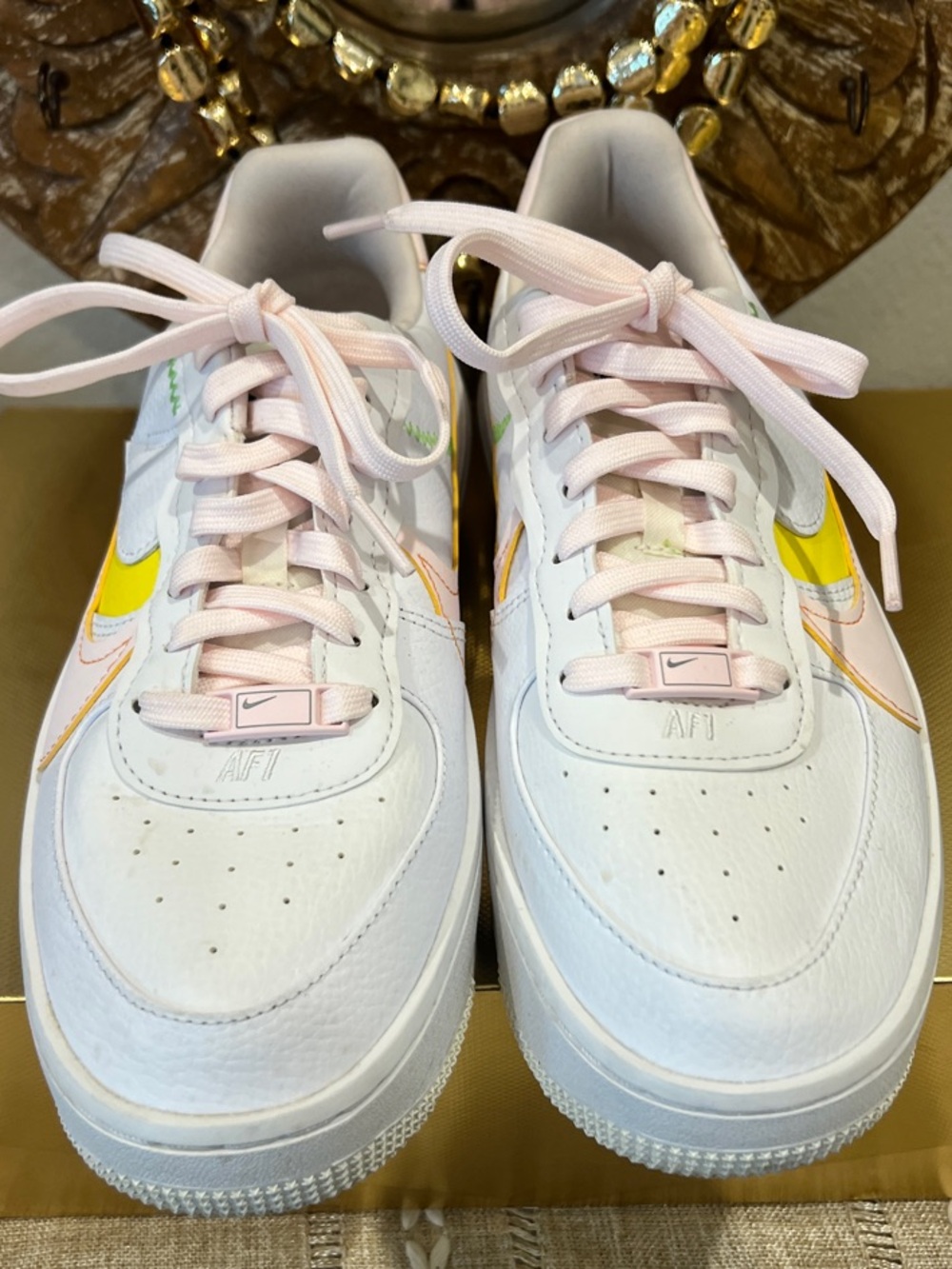 Nike Women's Low-Top Sneakers in White with Pink Laces & Yellow Swoosh